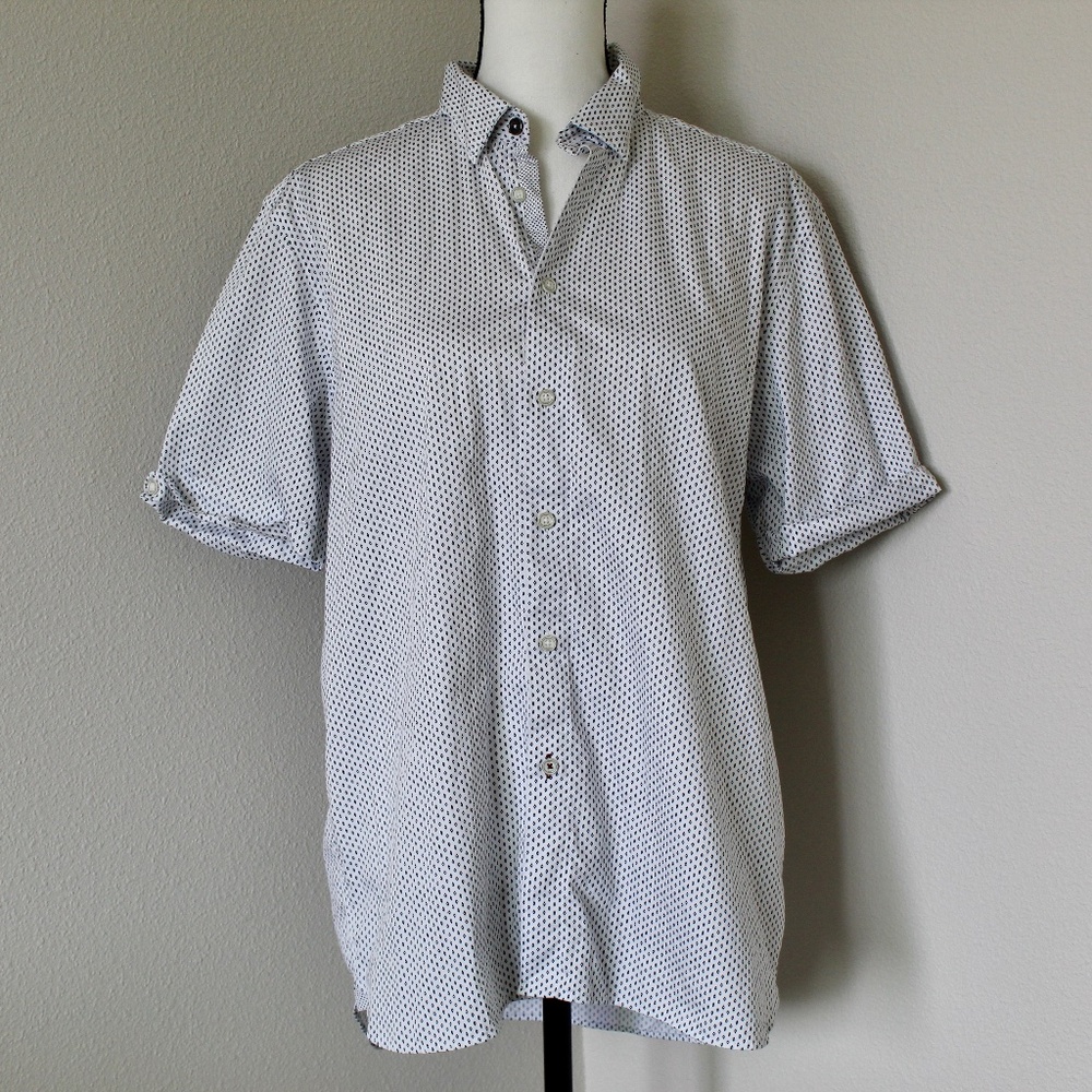 White with Black Diamond Print Short Sleeve Button Down Shirt